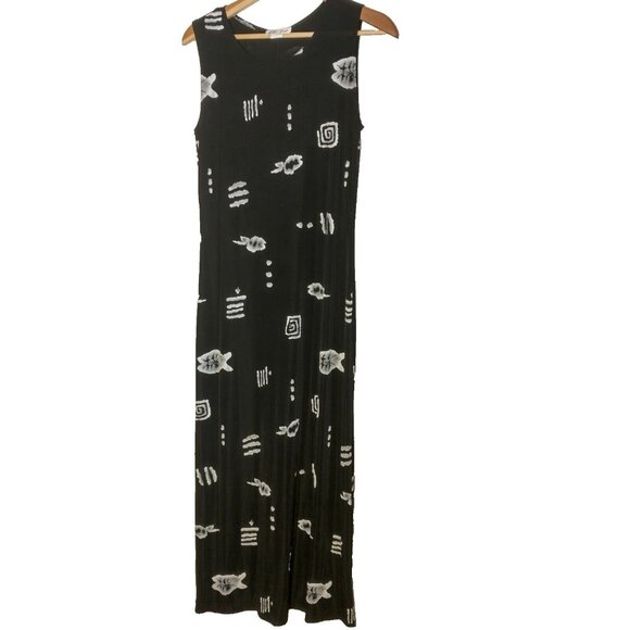 Vintage 1990s Slip Dress Size M Stretch Black White Fish Abstract Beach Maxi - Picture 1 of 6